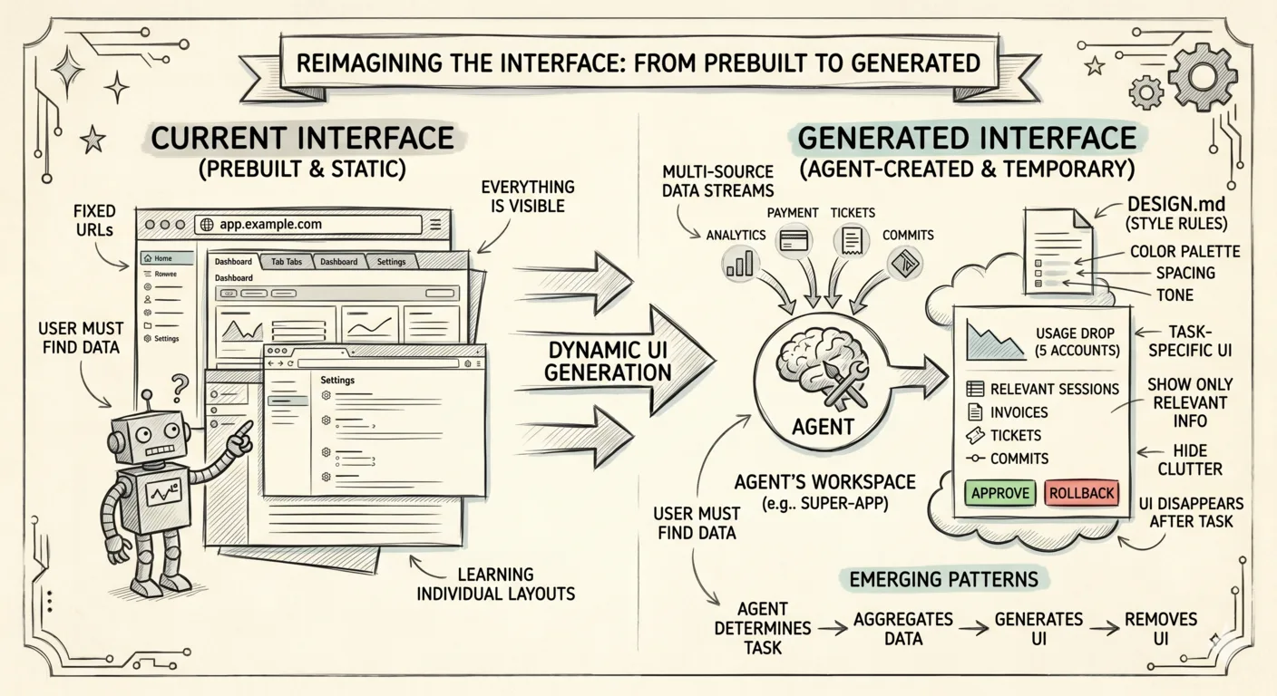 Prebuilt static interfaces at fixed URLs compared with generated temporary interfaces that combine analytics, payments, tickets, commits, and design rules into task-specific screens