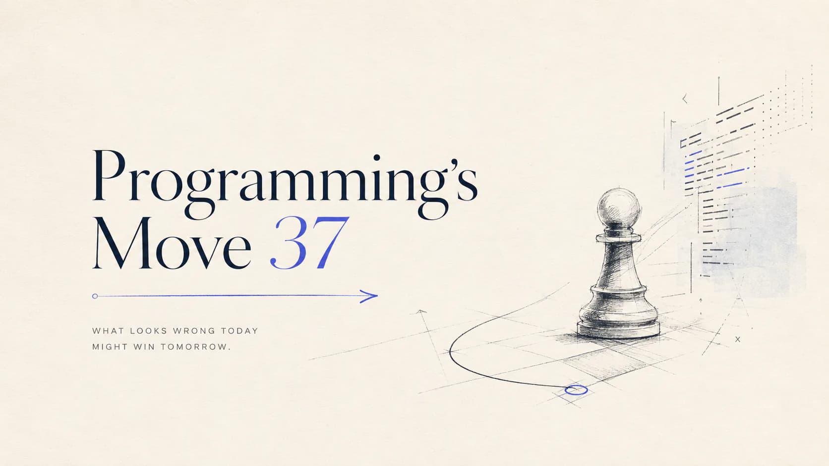 A chess pawn beside lines of code, illustrating Programming's Move 37