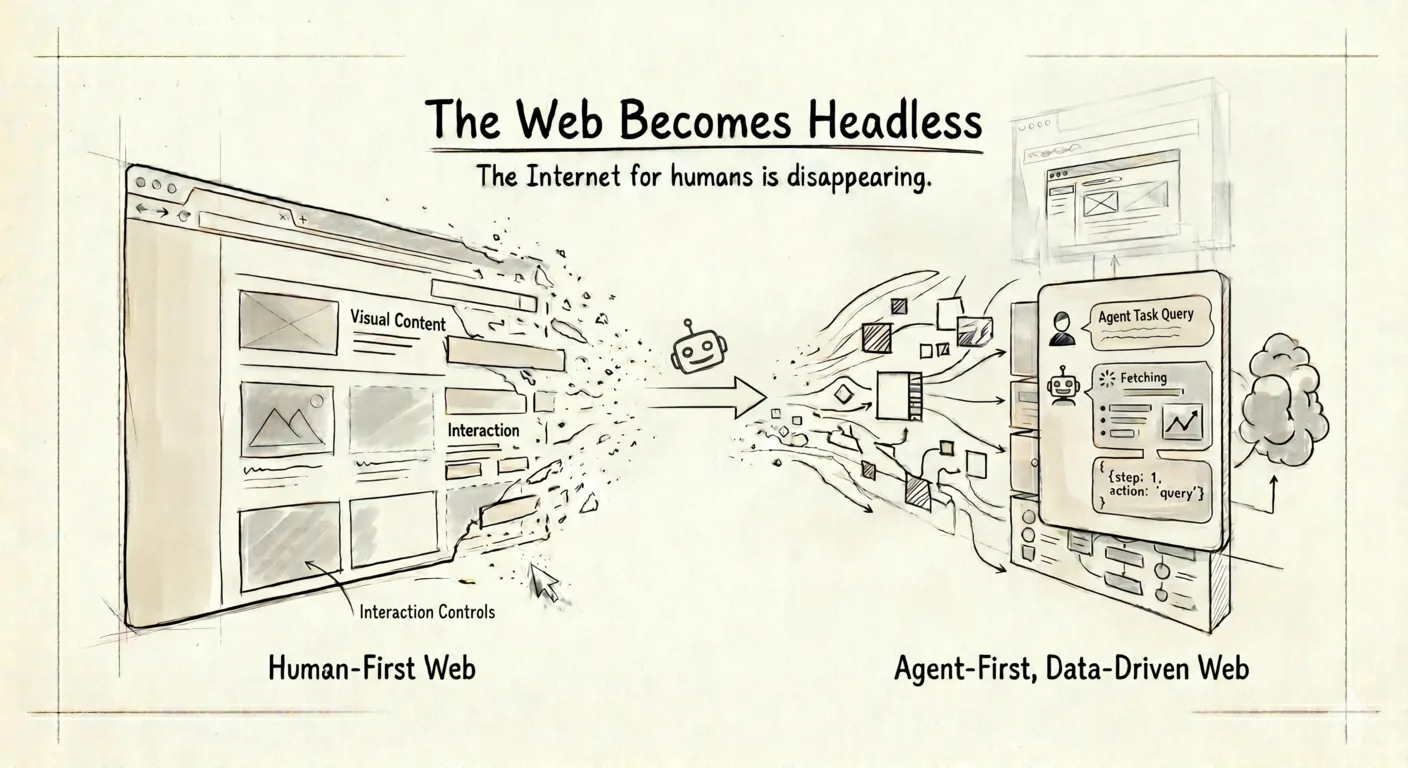 A human-first web page dissolving into an agent-first web, where agents fetch structured information and operate software without traditional browser interfaces